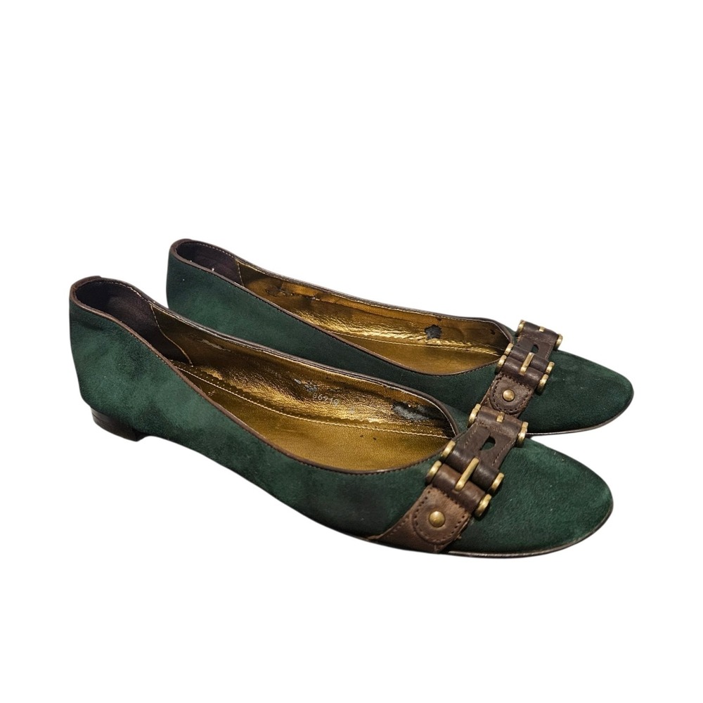 Y2K J.Crew Hunter Green Suede Brown Buckle Ballet Flats Made In Italy Shoes 7